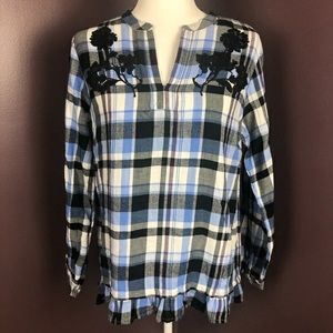 Joe Fresh Plaid Shirt w/ Ruffle & Floral Appliqué